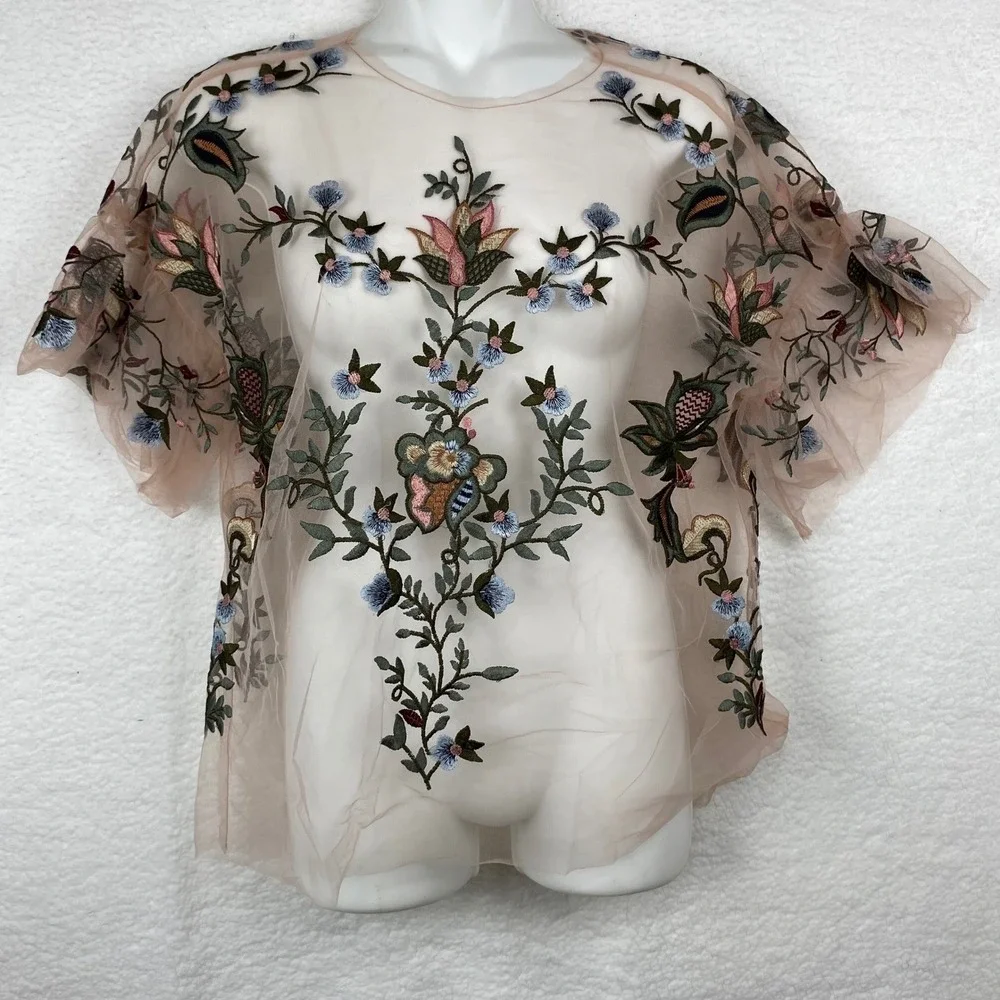 Zara Woman Pink Mesh Floral Embroidered Sheer Short Flutter Sleeve Top Small - Picture 1 of 8